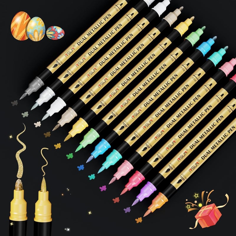 IVSUN Metallic Marker Pens, 12 Colors Dual Tip Acrylic Paint Pens for Black Paper, Scrapbooking, Photo Album, Rock Painting, Paint Marker for DIY Arts & Crafts, Glass, Wood, Card Making, Scrapbook Supplies - Image 1